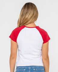 Rusty Women's Devil Raglan Cap Sleeve Baby Tee